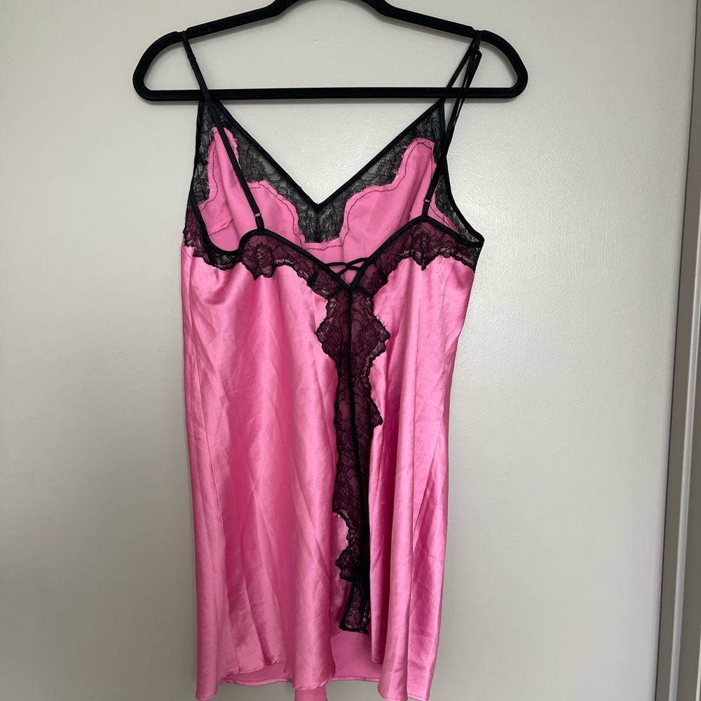 Victoria's Secret Pink Satin Slip with Black Lace Trim - Picture 4 of 6